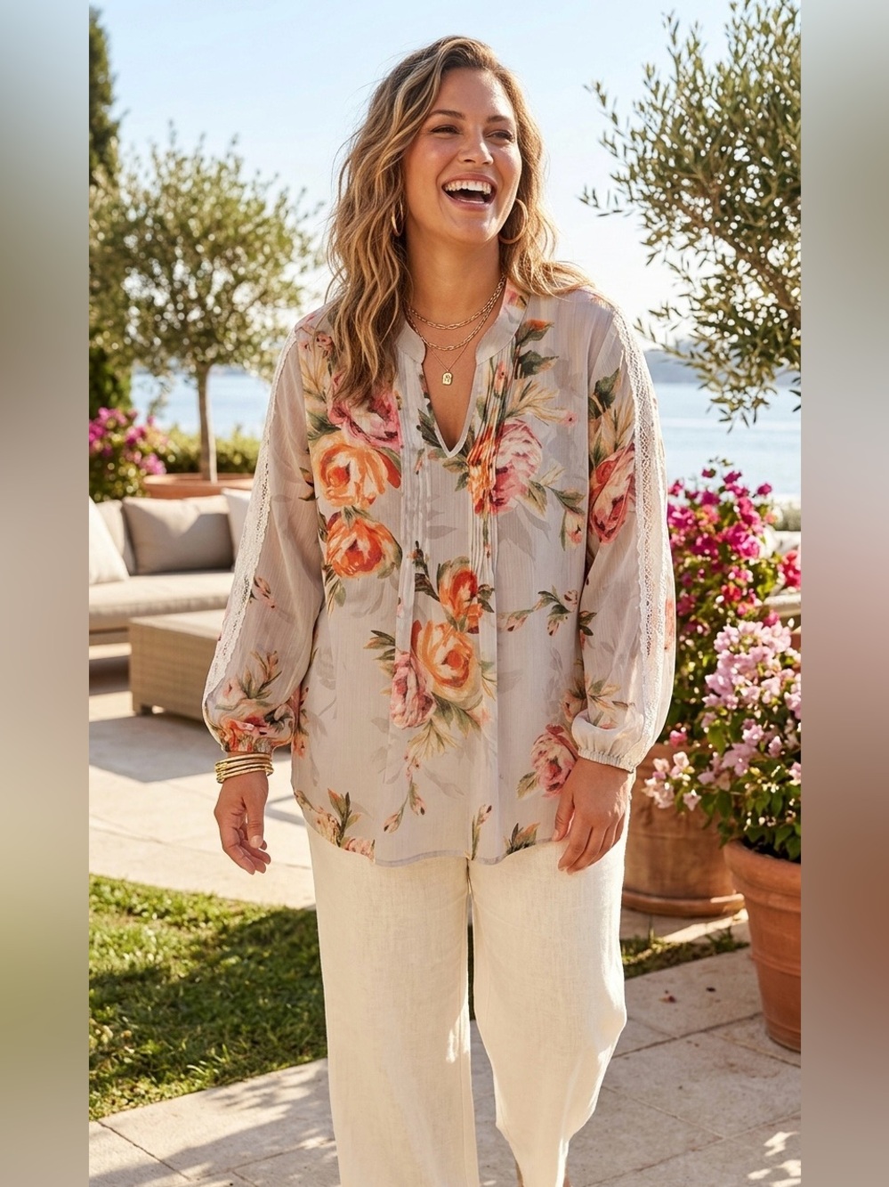 SIZE 2X Susan Graver® NEW Liquid Chiffon Floral Blouse Lace Trim Pleated Top